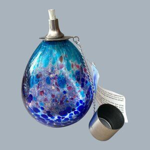 Hand Blown Art Glass Oil Lamp Blue & Purple Swirl with Silver Cap